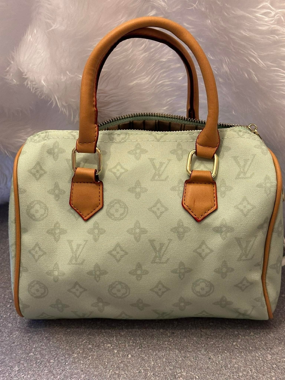 Designer-Inspired Light Green Satchel with Tan Trim